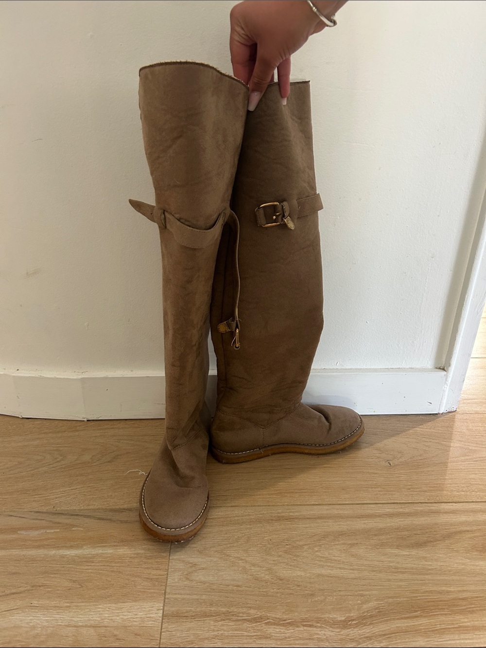 Stella McCartney suede sherlingTall Taupe Over-the-Knee Boots with Buckle Detail